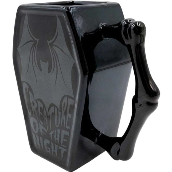 Creature of the Night Bat Large Black Coffin Bone Ceramic Coffee Mug 18oz NIB - Picture 2 of 3
